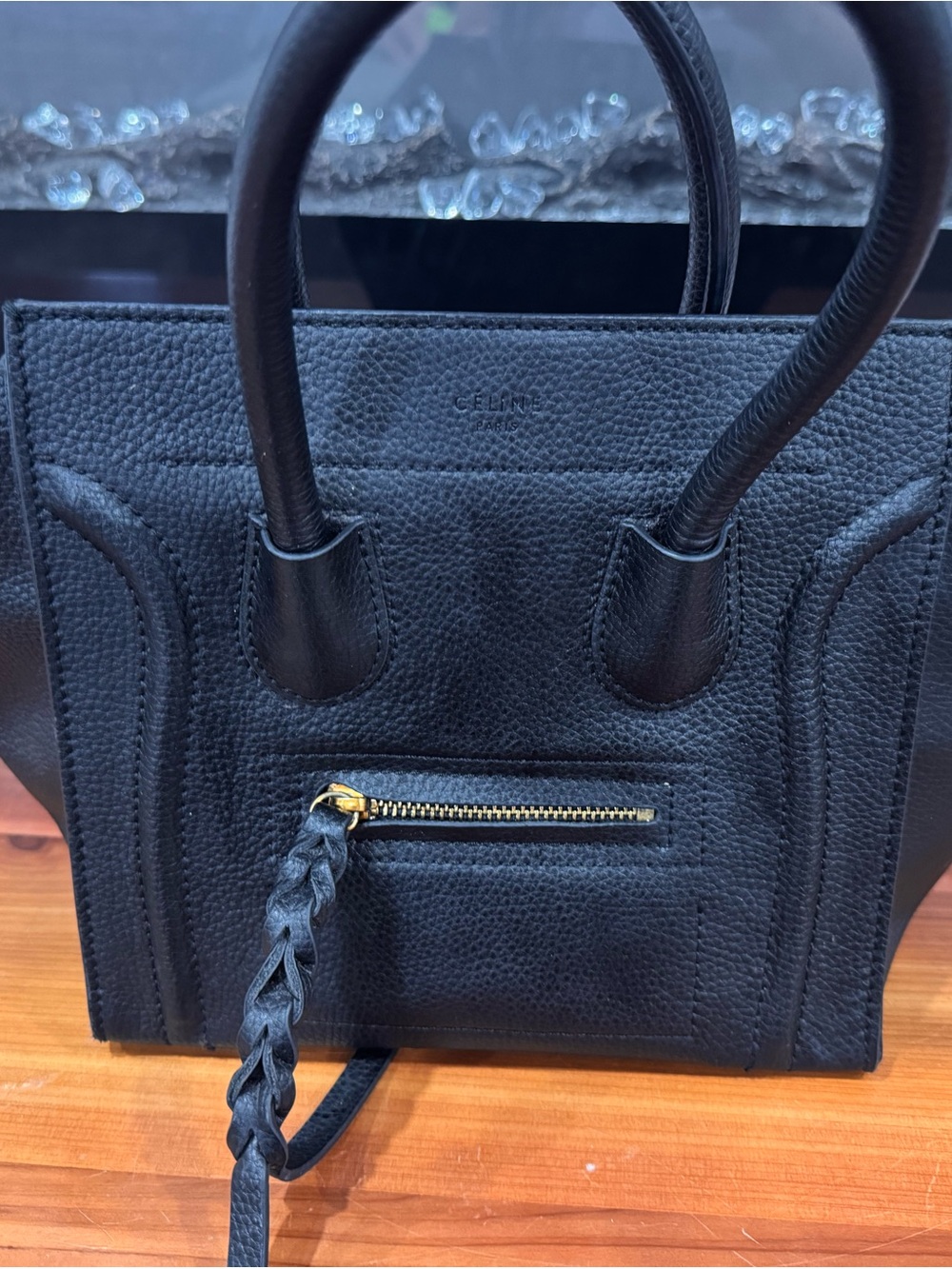 Fashion Bag Black Pebbled Leather Mini Luggage Tote with Gold Zipper